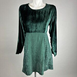 Vtg 90s Green Crushed Velvet Whimsygoth Babydoll Mini Dress Long Sleeve Small